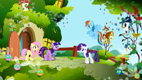 Main ponies at Fluttershy's cottage looking nervous S1E10