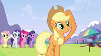 Other ponies wave Rainbow off S3E7