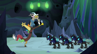 Discord greeting the changeling guards S6E26