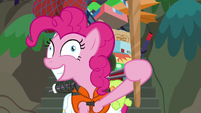 Pinkie Pie derp-eyed and holding a stick S6E22