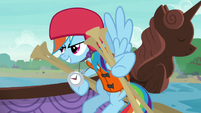 Rainbow Dash holding a bunch of oars S8E9