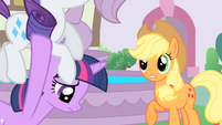 Rarity stands on Twilight's back S1E22