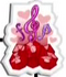 G-clef, "forte" symbol, jagged eighth note, and several red gems in front of multiple pink hearts