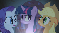 Applejack, Rarity, and Twilight telling stories S1E8