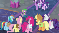 Main ponies and Spike in the school lobby S8E25