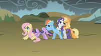 Main ponies trying to push Fluttershy S1E7