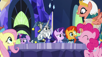 Mane Six and Pillars cheering over their plan S7E26