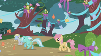 Derpy, Lyra Heartstrings, and Orange Swirl run for the party S1E02
