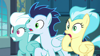 Fleetfoot, Soarin, and Misty Fly gasp in shock S8E5