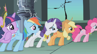 The Main 6 watch Celestia try to make peace with Luna. Rarity says,"I love her mane!"