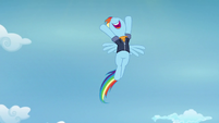 Rainbow Dash flies upward while singing S9E26