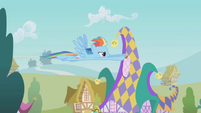 Rainbow Dash flying over Ponyville S1E05