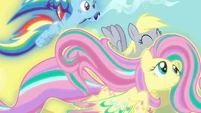 Derpy is 'squee'ing while flying with R.D. and Fluttershy. Yay.