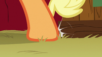 Applejack's hoof knocks against some crates S6E23