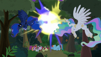 Celestia and Luna blasting the trees S9E13