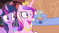 Discord showing a glass to Twilight and Cadance S4E11
