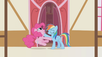 Rainbow Dash sticks hoof in Pinkie's mouth S1E5