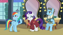 Rainbow blushes; Rarity looks at Wind Rider with a smug smile S5E15