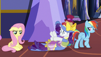 Fluttershy, Rarity, and Rainbow looking upset S7E14