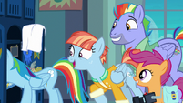 Rainbow's parents and Scootaloo appear in locker room S7E7