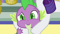 Spike being held by Rarity S3E2