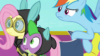 Fluttershy, RD, and Spike look back at Pinkie S9E4