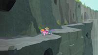 Pinkie and Maud circling a gorge bend S7E4