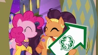Pinkie and Saffron enter the restaurant smiling S6E12