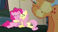 Pinkie and Fluttershy huddling in fear S6E18