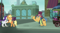 Applejack pushing Rarity away from merchant S5E16