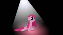 Pinkie Pie surrounded by darkness under a cone of light S01E25