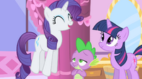 Happy Rarity, jumping on Spike's tail.