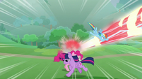 Twi, RD, and Pinkie dodging Cozy's blasts S9E25