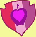 Heart inside an apple on a red, pink, and purple shield (as of Crusaders of the Lost Mark)