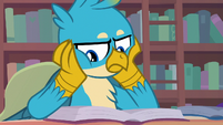 Gallus studying with a sour expression S8E22