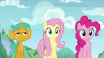 Snails, Fluttershy, and Pinkie looking forward S9E15