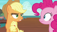 Applejack glaring at Pinkie Pie S6E22