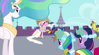 Celestia watches as her niece kisses Twilight's brother with passion