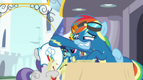 Rainbow awkwardly pats Tornado Bolt on the head S7E7