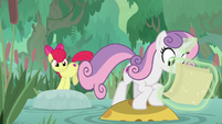 Sweetie Belle jumping across a pond S9E22