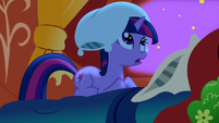 Twilight listening to Spike explain why the ponies are staying up S1E01