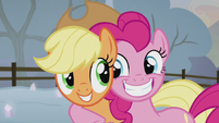 Applejack and Pinkie smiling together S5E20