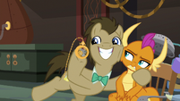 Dr. Hooves grins with hoof around Smolder S9E20