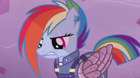Rainbow Dash looking down at an enemy S5E25