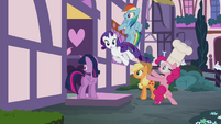 Pinkie Pie throwing her friends into the Sugarcube Corner S4E18