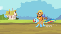 Rainbow Dash running while carrying construction worker S2E08