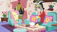 Fluttershy sipping Discord's green tea S7E12