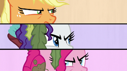 Splitscreen of AJ, Rarity, and Pinkie looking at each other S6E22.png