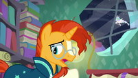 Sunburst "The Crystal Heart—'; Celestia flying in the background" S6E2