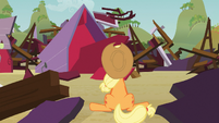 Applejack in front of destroyed barn S03E08